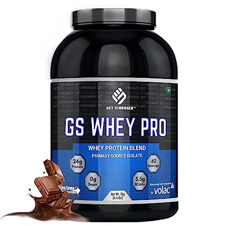 GS WHEY PRO 2 Kgs(4.4 lbs) Chocolate | Isolate Whey Protein Blend|24 g Protein per serving (serving size 32 g)| 5.5 g BCAAs Per Serving | with Added DigeZyme |No Added Sugar