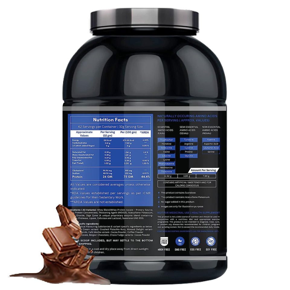 GS WHEY PRO 2 Kgs(4.4 lbs) Chocolate | Isolate Whey Protein Blend|24 g Protein per serving (serving size 32 g)| 5.5 g BCAAs Per Serving | with Added DigeZyme |No Added Sugar