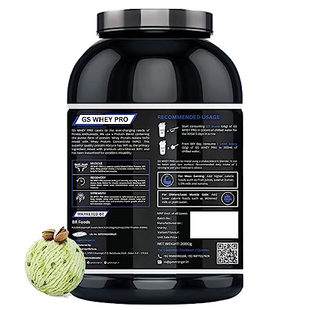 GS WHEY PRO 2 Kgs(4.4 lbs) Pista Ice Cream Flavour | Isolate Whey Protein Blend|24 g Protein per serving (serving size 32 g)| 5.5 g BCAAs Per Serving | with Added DigeZyme |No Added Sugar