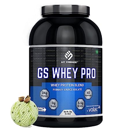 GS WHEY PRO 2 Kgs(4.4 lbs) Pista Ice Cream Flavour | Isolate Whey Protein Blend|24 g Protein per serving (serving size 32 g)| 5.5 g BCAAs Per Serving | with Added DigeZyme |No Added Sugar
