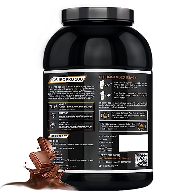 GS ISOPRO 100 2 Kgs(4.4 lbs) Chocolate- Pure Whey Protein Isolate-6.7 g BCAAs Per Serving, with DigeZyme