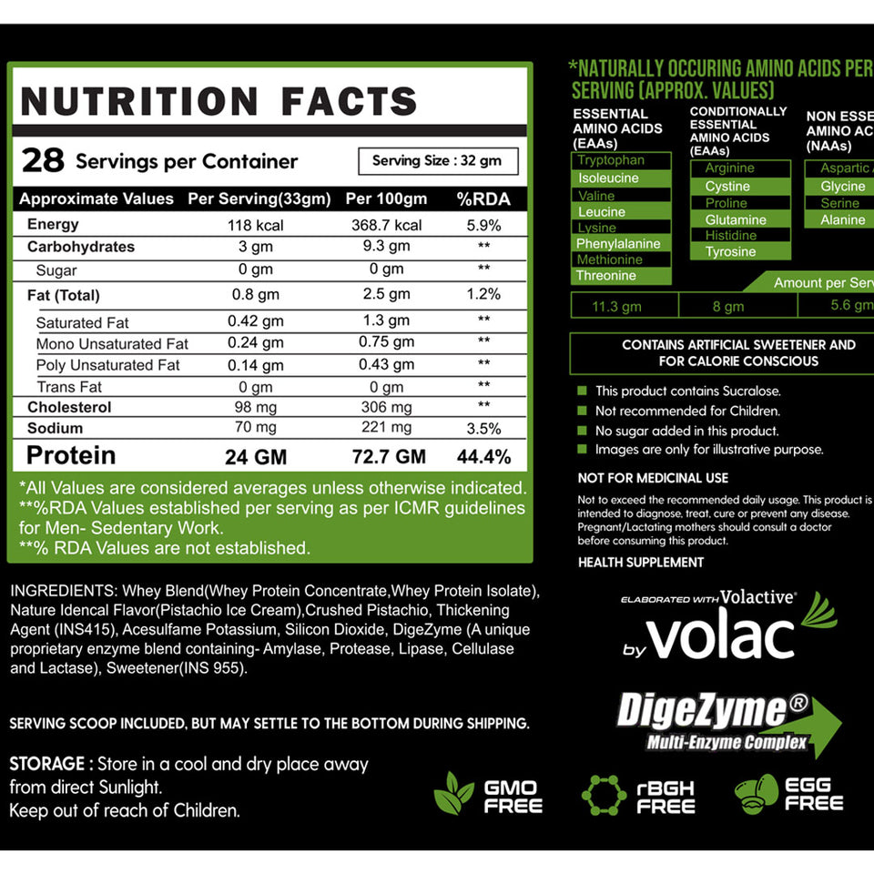 GS WHEY PRO - Ultra-Filtered Whey Protein Isolate and Concentrate Blend (24 g Protein , 0g Sugar, Low Carbs)- Pistachio Ice Cream Flavour